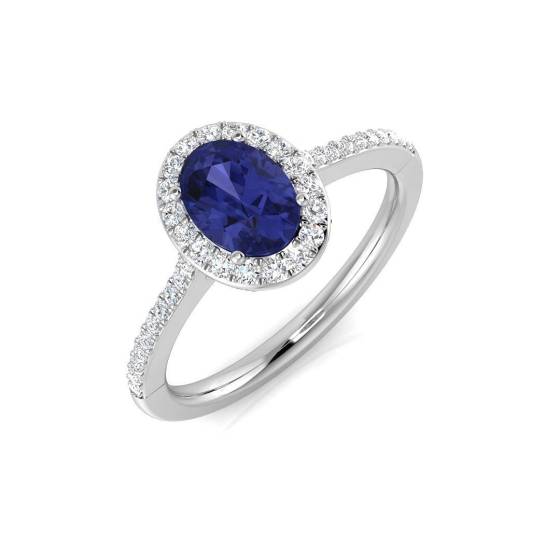 1.00ct Oval Blue Tanzanite and Round Diamond set Halo shoulder set ring