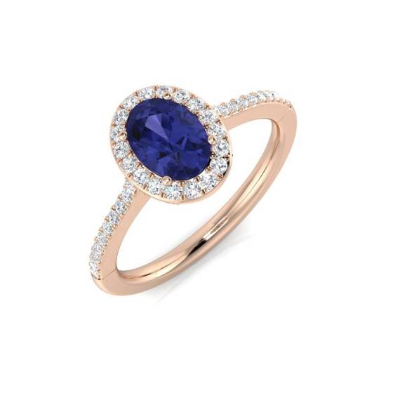 1.00ct Oval Blue Tanzanite and Round Diamond set Halo shoulder set ring