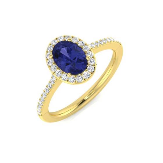 1.00ct Oval Blue Tanzanite and Round Diamond set Halo shoulder set ring