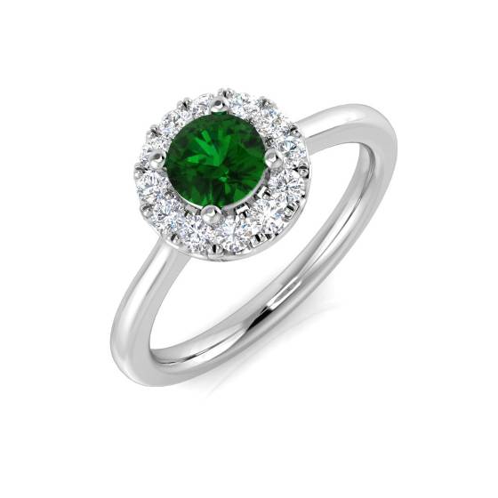 0.85ct Single Halo Emerald and Diamond Gemstone Ring