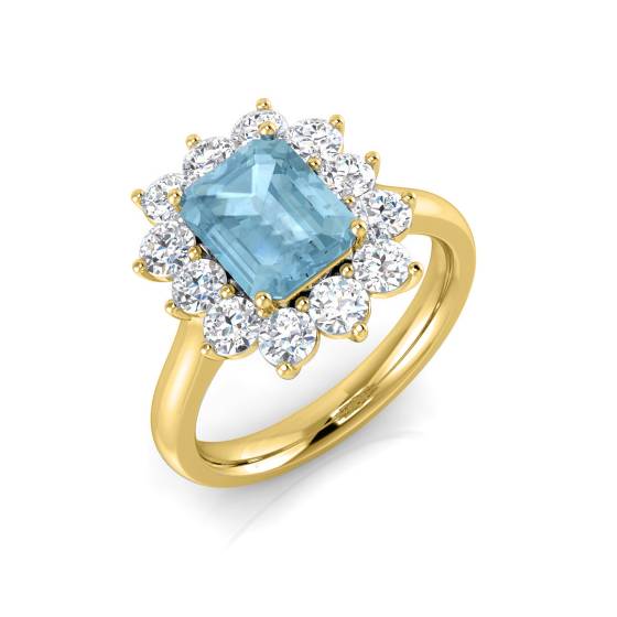 Emerald and Round Diamond Aquamarine Halo Gemstone Ring