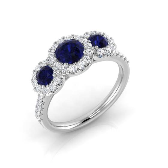 Round Blue Sapphire Gemstone Trilogy Ring
