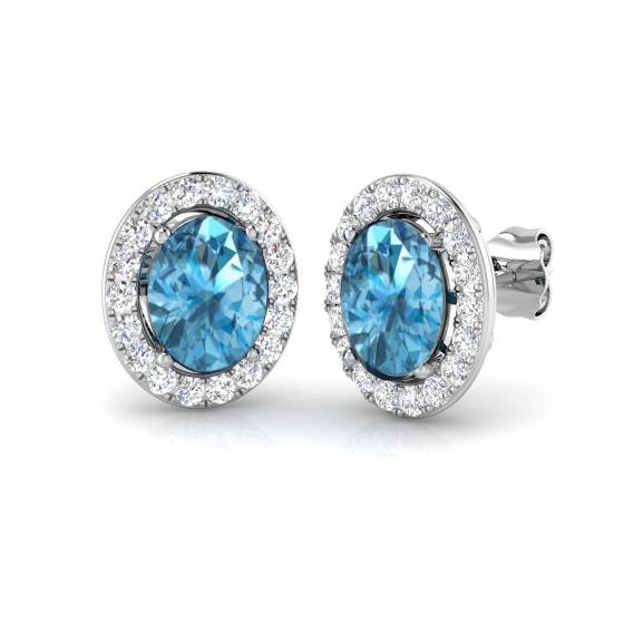 Oval and Round Blue Topaz Halo Earrings