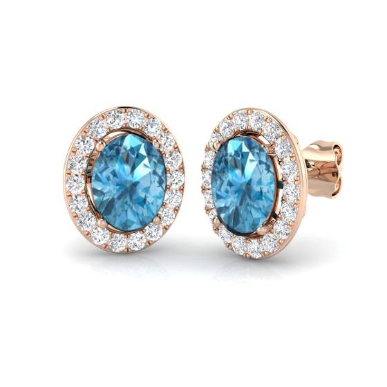 Oval and Round Blue Topaz Halo Earrings