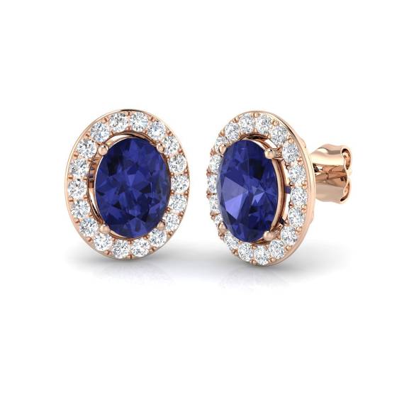4.00ct Oval Tanzanite and Round Diamond Halo Earrings