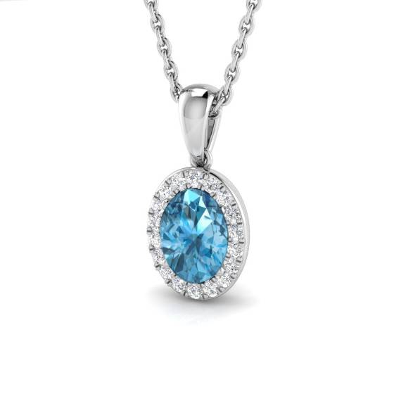 Oval and Round Blue Topaz Halo Pendant