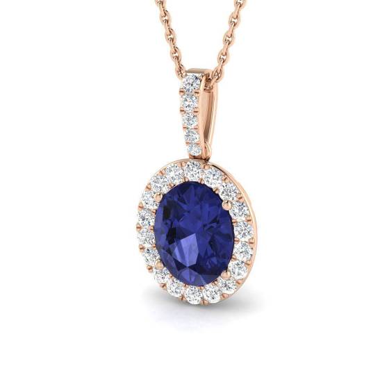 2.35ct VS/E-F Oval Tanzanite and Round Diamond Halo Pendant
