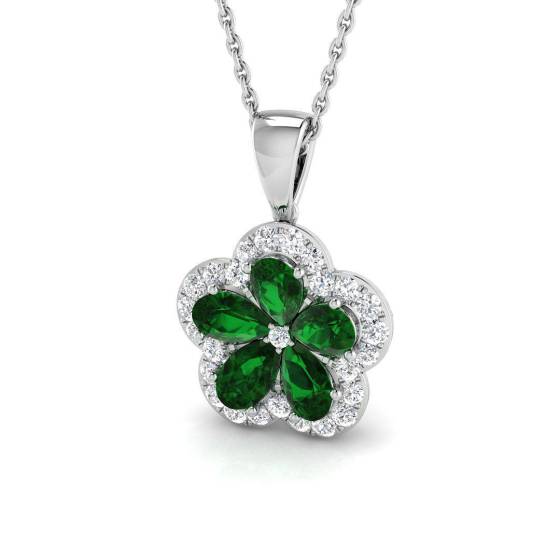 1.35ct VS/E-F Pear Emerald Gemstone and Diamond Halo Pendant