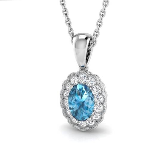 Oval and Round Blue Topaz Halo Pendant