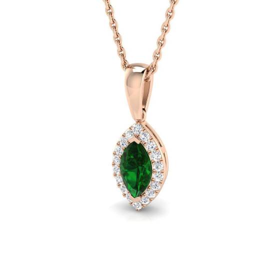 0.35ct VS/E-F Marquise Emerald Gemstone and Round Diamond Halo Pendant