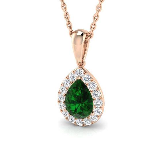 0.90ct VS/E-F Pear Emerald Gemstone and Round Diamond Halo Pendant