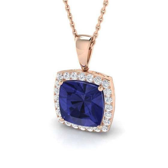3.65ct VS/E-F Cushion Tanzanite and Round Diamond Halo Pendant