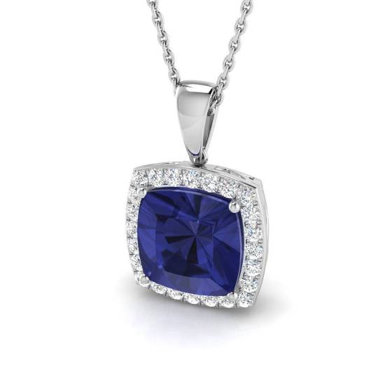 3.65ct VS/E-F Cushion Tanzanite and Round Diamond Halo Pendant