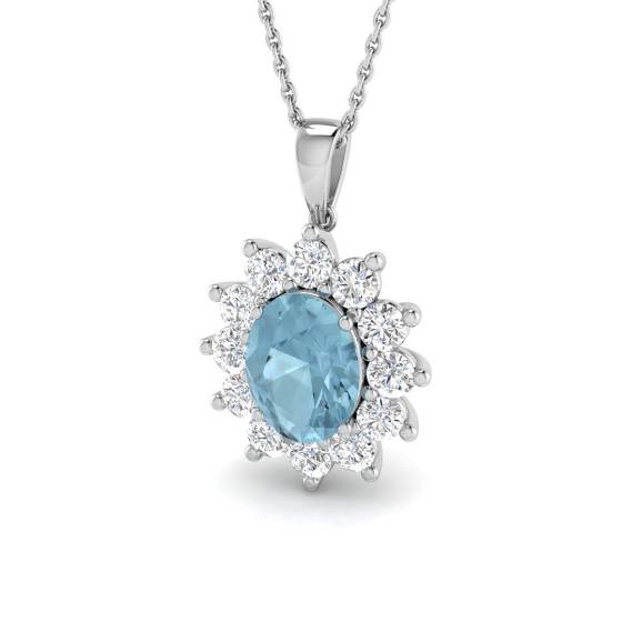 Oval and Round Aquamarine Halo Pendant