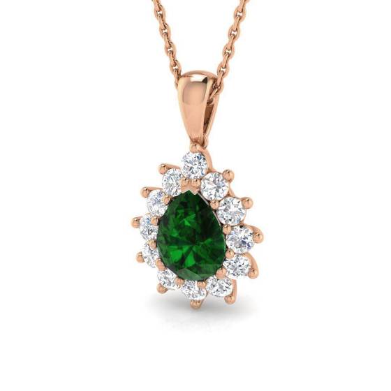 1.50ct VS/E-F Pear Emerald Gemstone and Round Diamond Halo Pendant