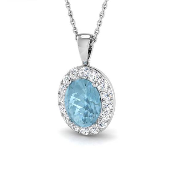 Oval and Round Aquamarine Halo Pendant