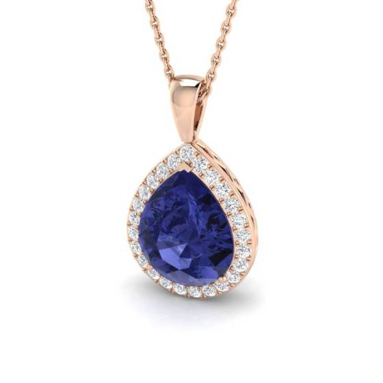3.65ct VS/E-F Pear Tanzanite and Round Diamond Halo Pendant
