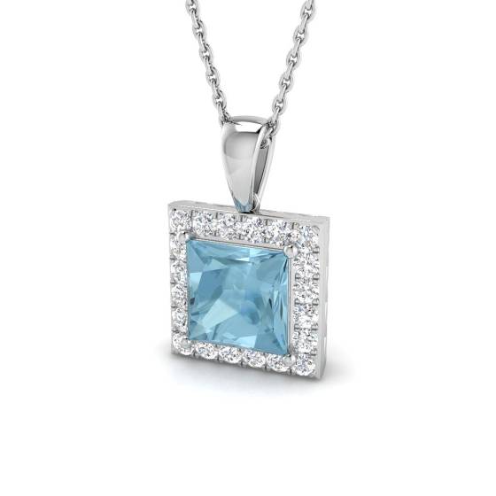 Princess and Round Aquamarine Halo Pendant
