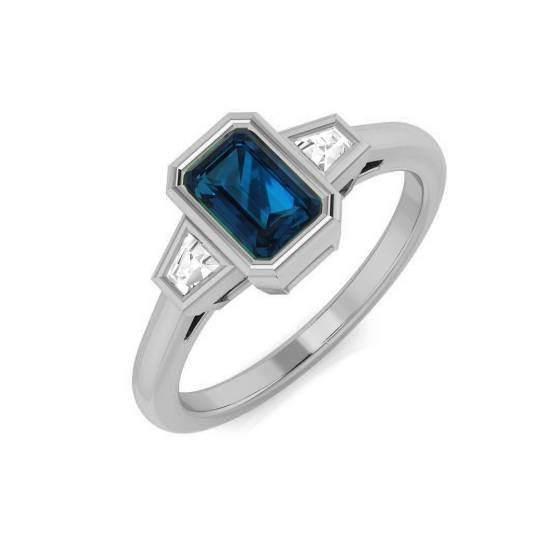 Emerald and Baguette Cut Blue Topaz Trilogy Ring