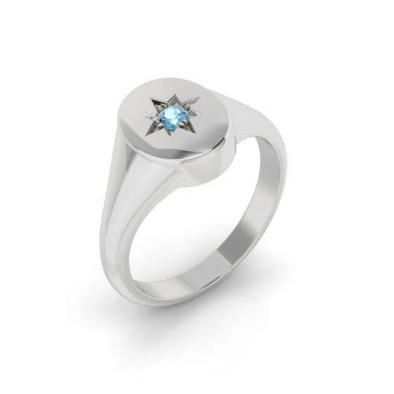 Round Diamond Aquamarine Signet Ring