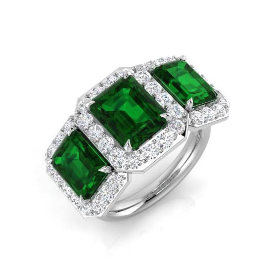 Emerald and Round Emerlad Gemstone Trilogy Ring