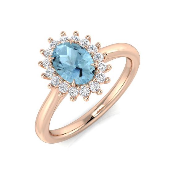 Oval and Round Diamond Aquamarine Halo Gemstone Ring
