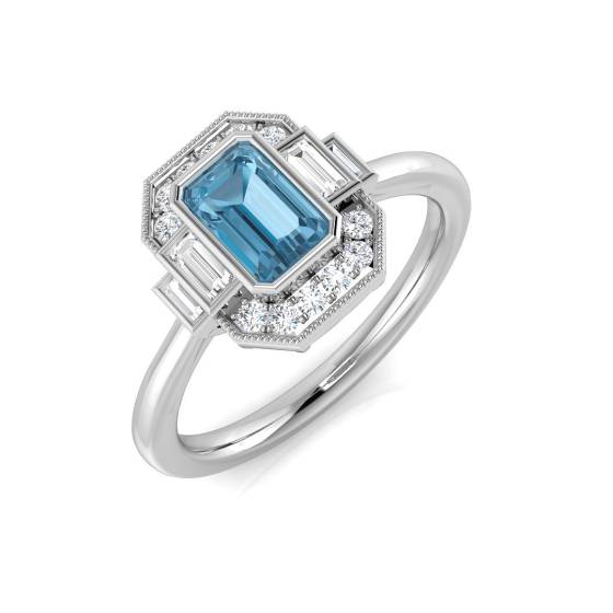 Emerald and Round Cut Blue Topaz Halo Ring