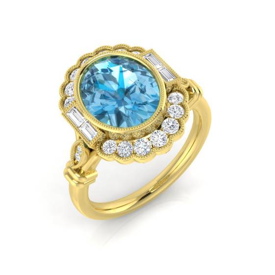 Oval and Round Cut Blue Topaz Halo Ring