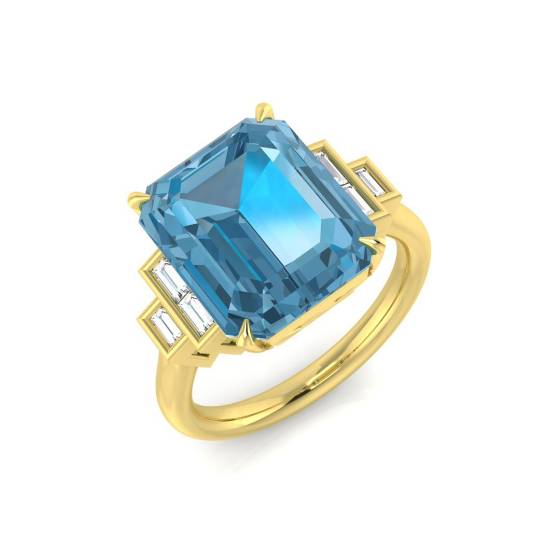 Emerald and Baguette Cut Blue Topaz Side Stone Ring