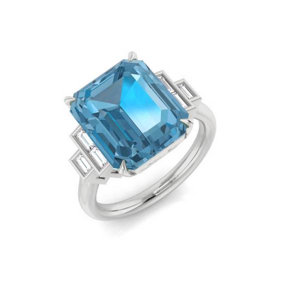 Emerald and Baguette Cut Blue Topaz Side Stone Ring