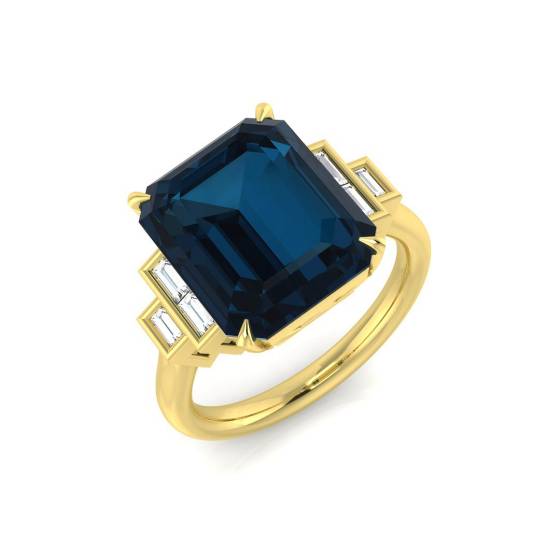 Emerald and Baguette Cut Blue Topaz Side Stone Ring