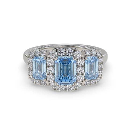 Emerald and Round Diamond Aquamarine Halo Gemstone Ring