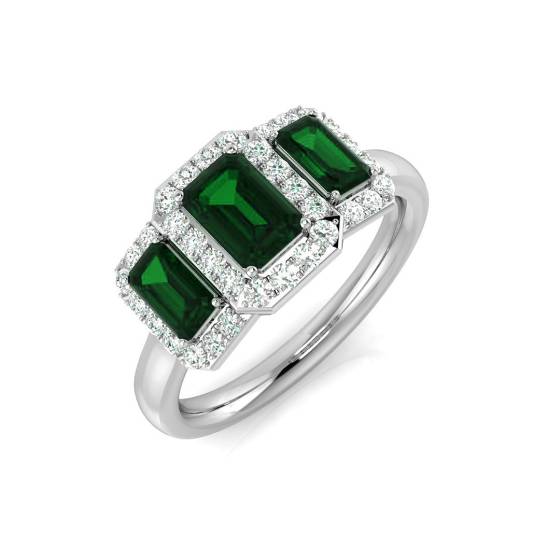 1.70ct Emerald and Diamond Trilogy Halo Gemstone Ring
