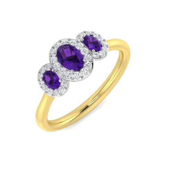 Oval and Round Purple Amethyst Gemstone Trilogy Ring