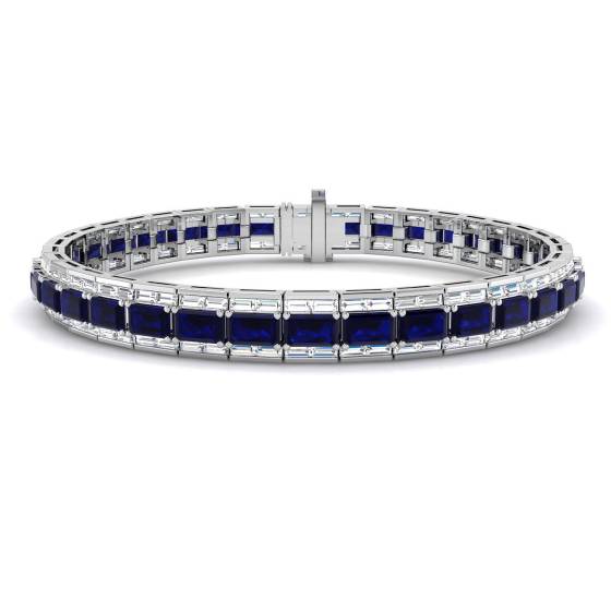 16.66ct SI2/G Emerald cut Blue Sapphire Gemstone Bracelet in 18k White Gold