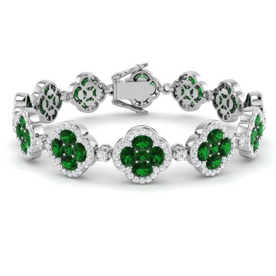 10.59ct SI2/G Oval cut Green Emerald Clover Gemstone Bracelet in 18k White Gold