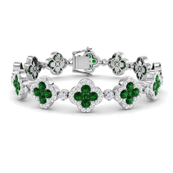 10.17ct SI2/G Round cut Green Emerald Clover Gemstone Bracelet in 18k White Gold
