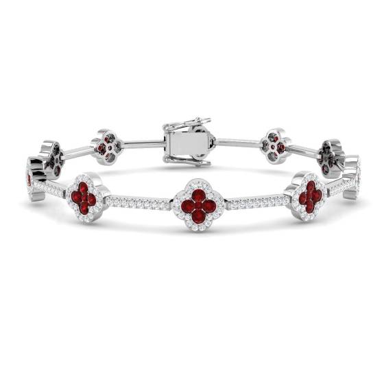3.38ct SI2/G Round cut Ruby Clover Gemstone Bracelet in 18k White Gold