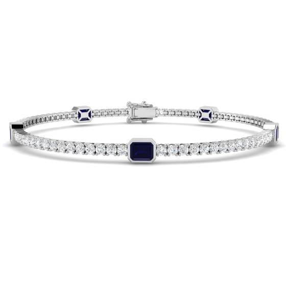 5.69ct SI2/G Emerald cut Blue Sapphire Gemstone Bracelet in 18k White Gold