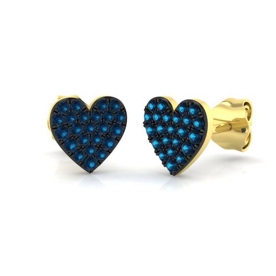 0.22ct SI1/G Round cut Blue Diamond Heart Shaped Earrings in 9k Yellow Gold