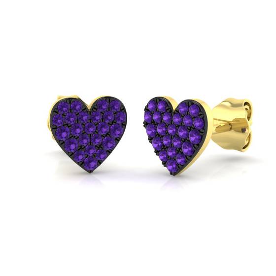 0.19ct SI2/G Round cut Purple Diamond Heart Shaped Earrings in 9k Yellow Gold