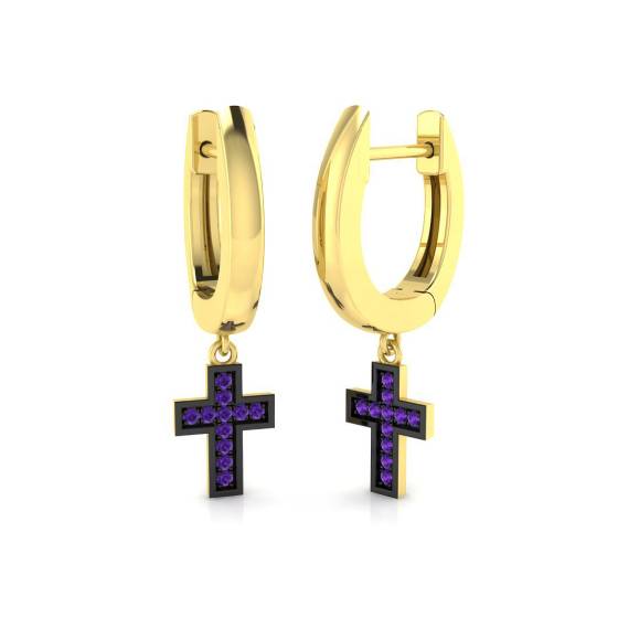0.05ct SI2/G Round cut Purple Diamond Drop Earrings in 9k Yellow Gold