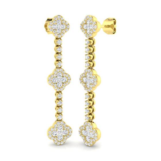 1.22ct SI2/G Round cut Natural Diamond Clover Earrings in 18k Yellow Gold