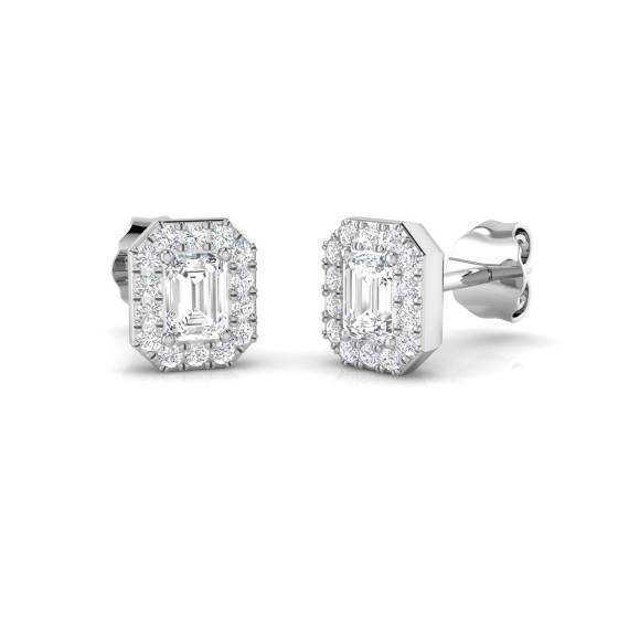 0.57ct SI2/G Emerald cut Natural Diamond Halo Earrings in 18k White Gold