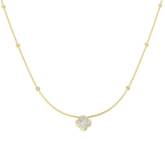 0.69ct SI2/G Round cut Natural Diamond Clover Necklace in 18k Yellow Gold