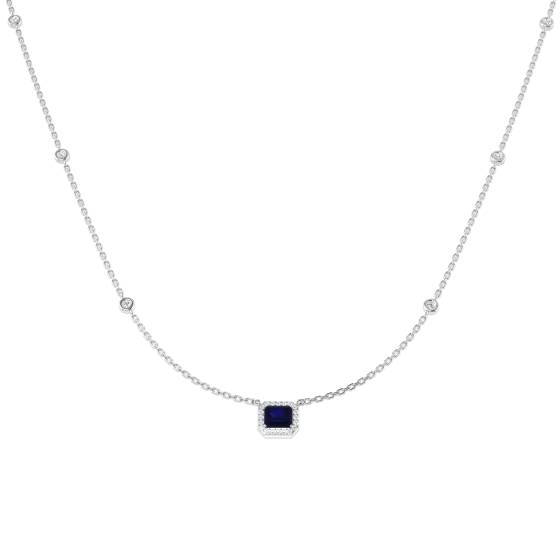 0.83ct SI2/G Emerald cut Diamond Blue Sapphire Gemstone Necklace in 18k White Gold