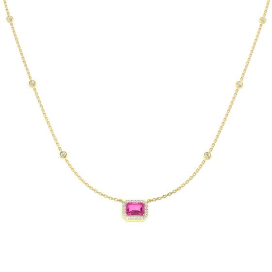 1.59ct SI2/G Emerald cut Diamond Pink Sapphire Gemstone Necklace in 18k Yellow Gold