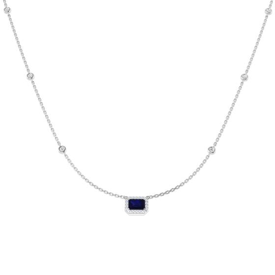 0.81ct SI2/G Emerald cut Diamond Blue Sapphire Gemstone Necklace in 18k White Gold