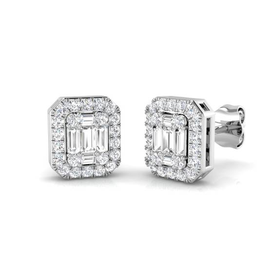 0.56ct SI2/G Round and Baguette cut Natural Diamond Designer Earrings in 18k White Gold