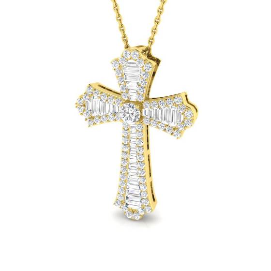 0.89ct SI2/G Round cut Natural Diamonds Cross Pendant in 18k Yellow Gold